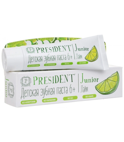 Паста зубная Президент President Junior 6+ со вкусом лайма без фтора Паста в Казахстане, интернет-аптека Рокет Фарм
