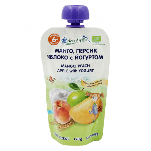 FLEUR ALPINE Пюре манго персик яблоко с йогуртом 120г  в Казахстане, интернет-аптека Рокет Фарм